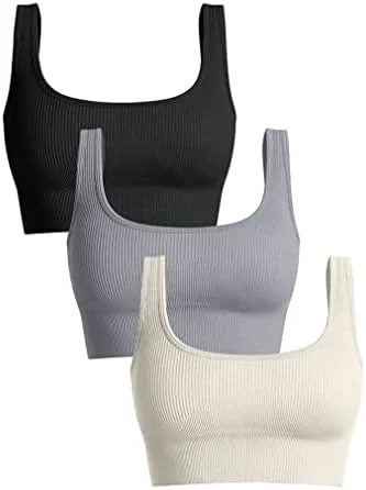 OQQ Womens 3 Piece Medium Support Tank Top Ribbed Seamless