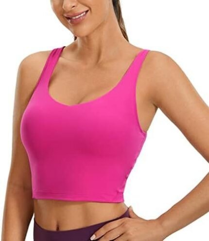 CRZ YOGA Butterluxe Womens V Neck Longline Sports Bra – Padded Workout Crop Tank Top with Built in Bra