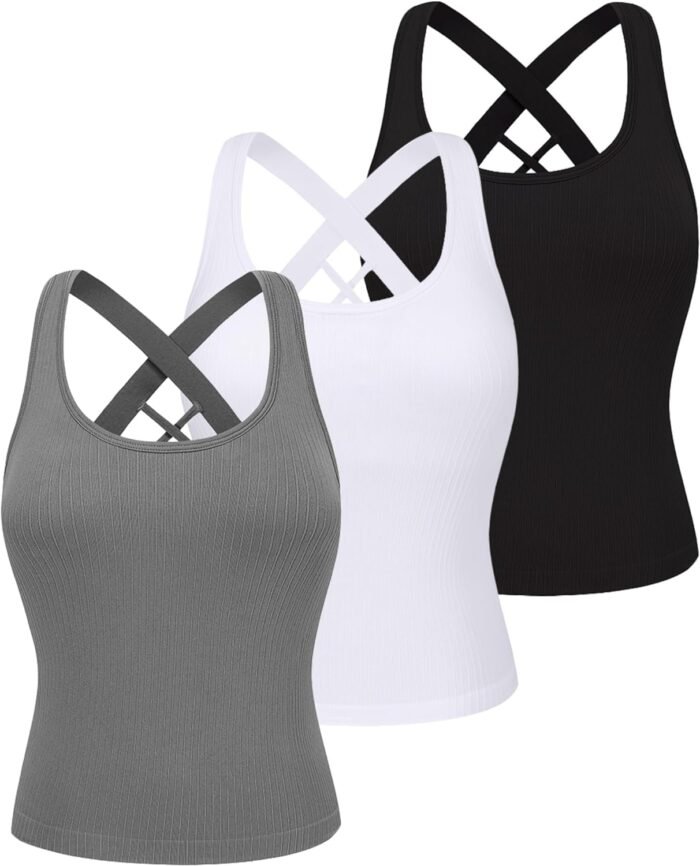 Evercute Workout Yoga Crop Tank Tops for Women Criss Cross Strappy Tops with Built in Bra Ribbed Seamless High Impact Tanks