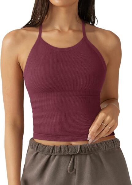 LASLULU Womens Sports Bra Seamless Long Crop Tank Racer Back Spaghetti Strap Workout Yoga Padded Bra Halter Neck Casual Tops