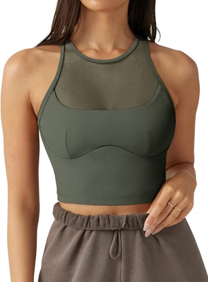 LASLULU Mesh Sports Bras for Women Sexy Wirefree Padded Workout Tank Tops Crisscross Back Yoga Bra Crop Tops