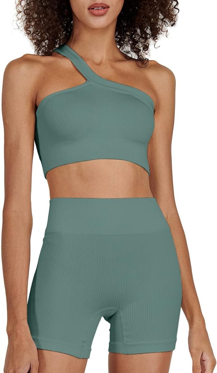 Workout Outfits for Women 2 Piece Seamless One Shoulder Sexy Bra High Waist Yoga Running Shorts