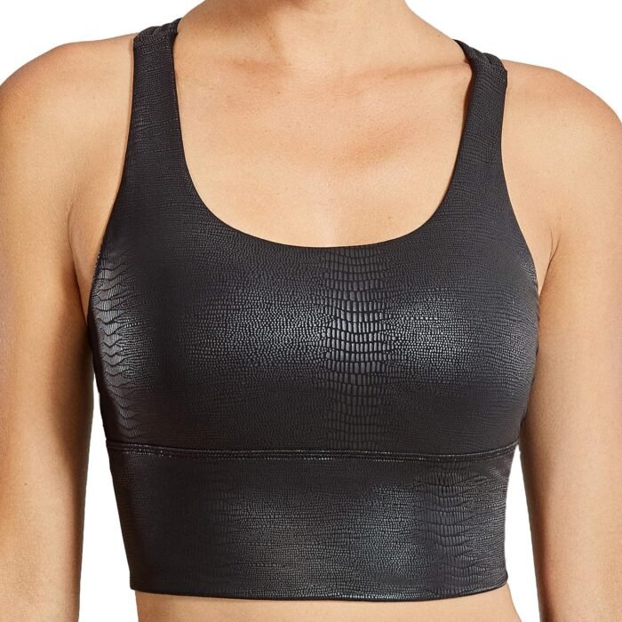 CRZ YOGA Women’s Longline Matte Faux Leather Sports Bras – Strappy Wirefree Padded Medium Impact Workout Crop Tank Top